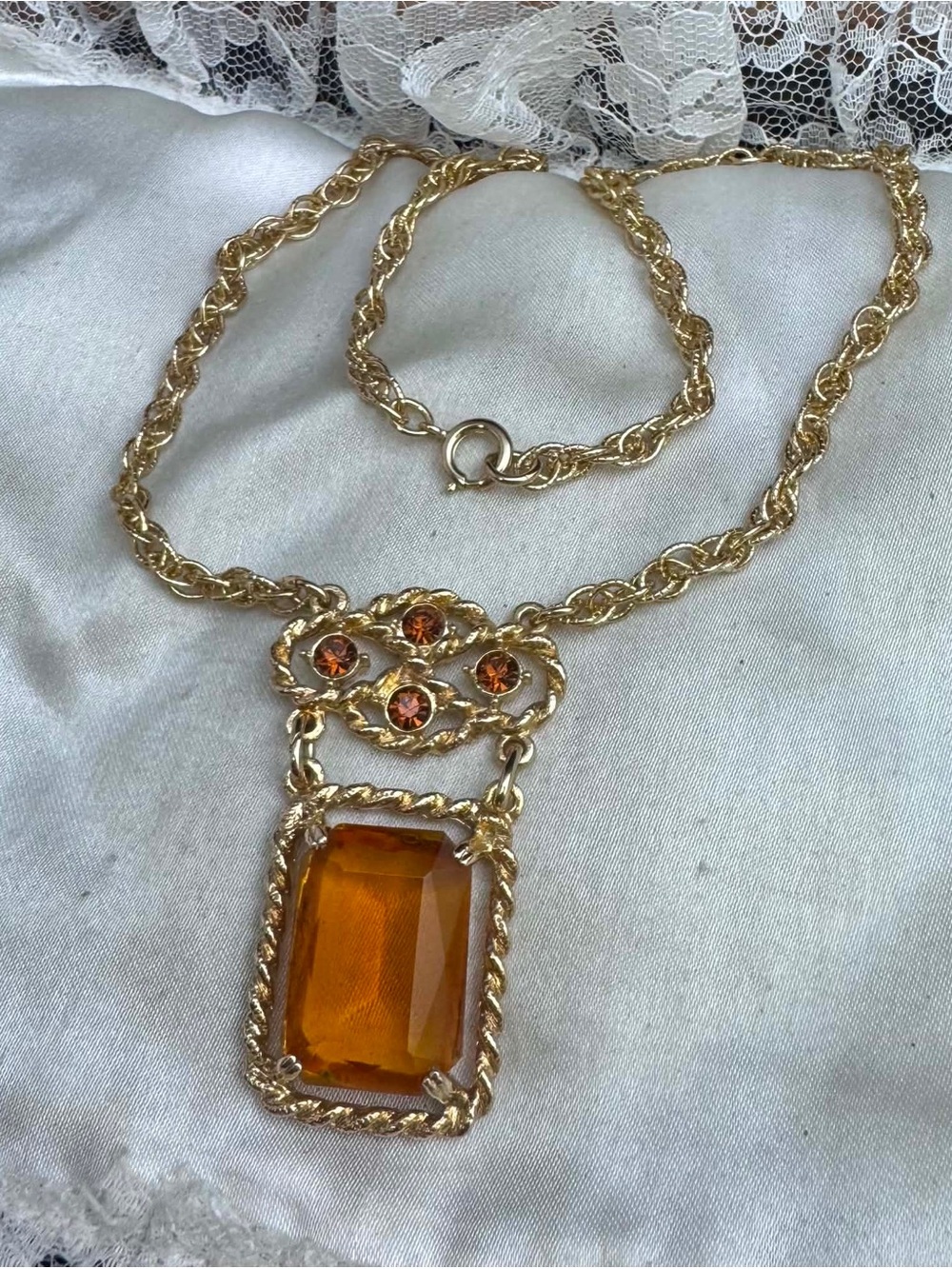 Sarah Coventry Gold-Tone Necklace with Wild Honey Amber Glass Pendant and Topaz